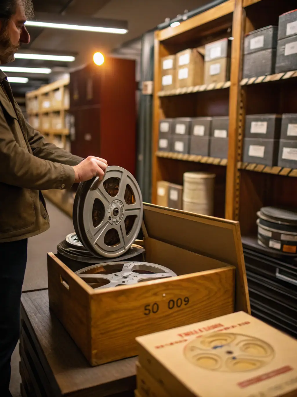 A vintage film reel being carefully inspected by an archivist in a dimly lit room, emphasizing the meticulous process of film preservation at CINEMATHEQUE IN CINEMA.