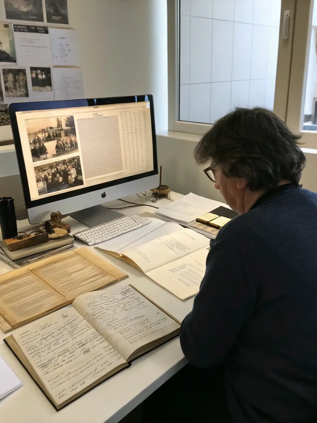 A researcher examining historical film documents and notes in a library, showcasing CINEMATHEQUE IN CINEMA's support for cinematic research.